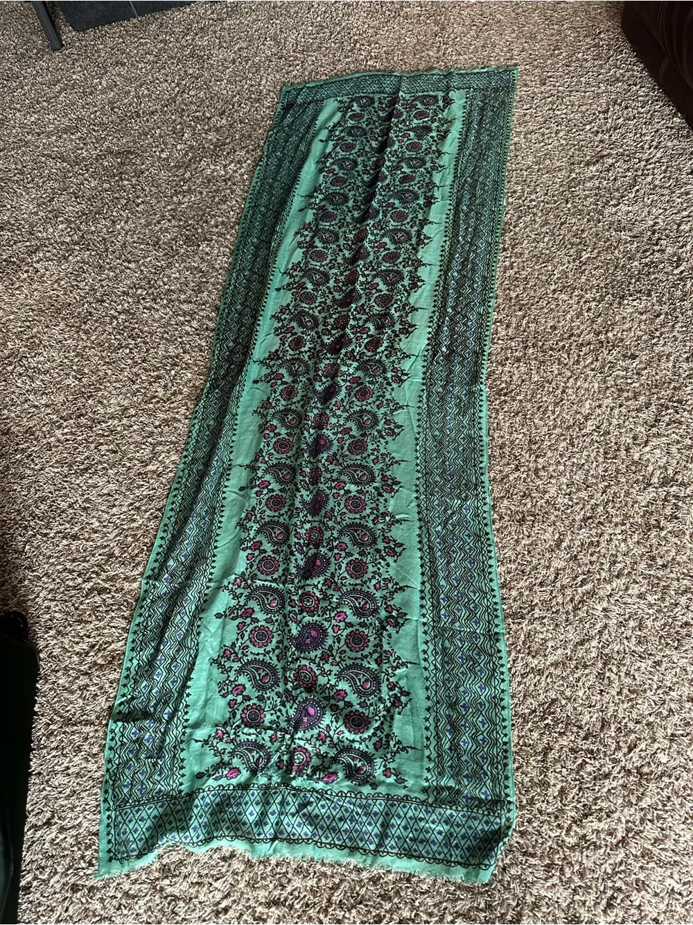 J. Crew Green Paisley Scarf with Pink Accents